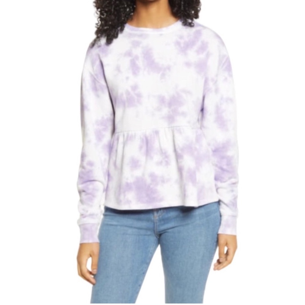 BP Purple Orchid Tie-Dye Ruffled Peplum Waist Sweatshirt Size Large